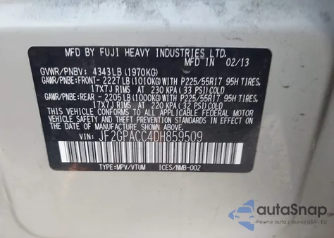 2013 Subaru Xv Crosstrek 2.0I Premium z USA, uszkodzony, nr VIN JF2GPACC4DH859509